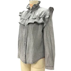Womens‎ Grey Denim Button Up Ruffle Collar Long Sleeve Shirt Size M